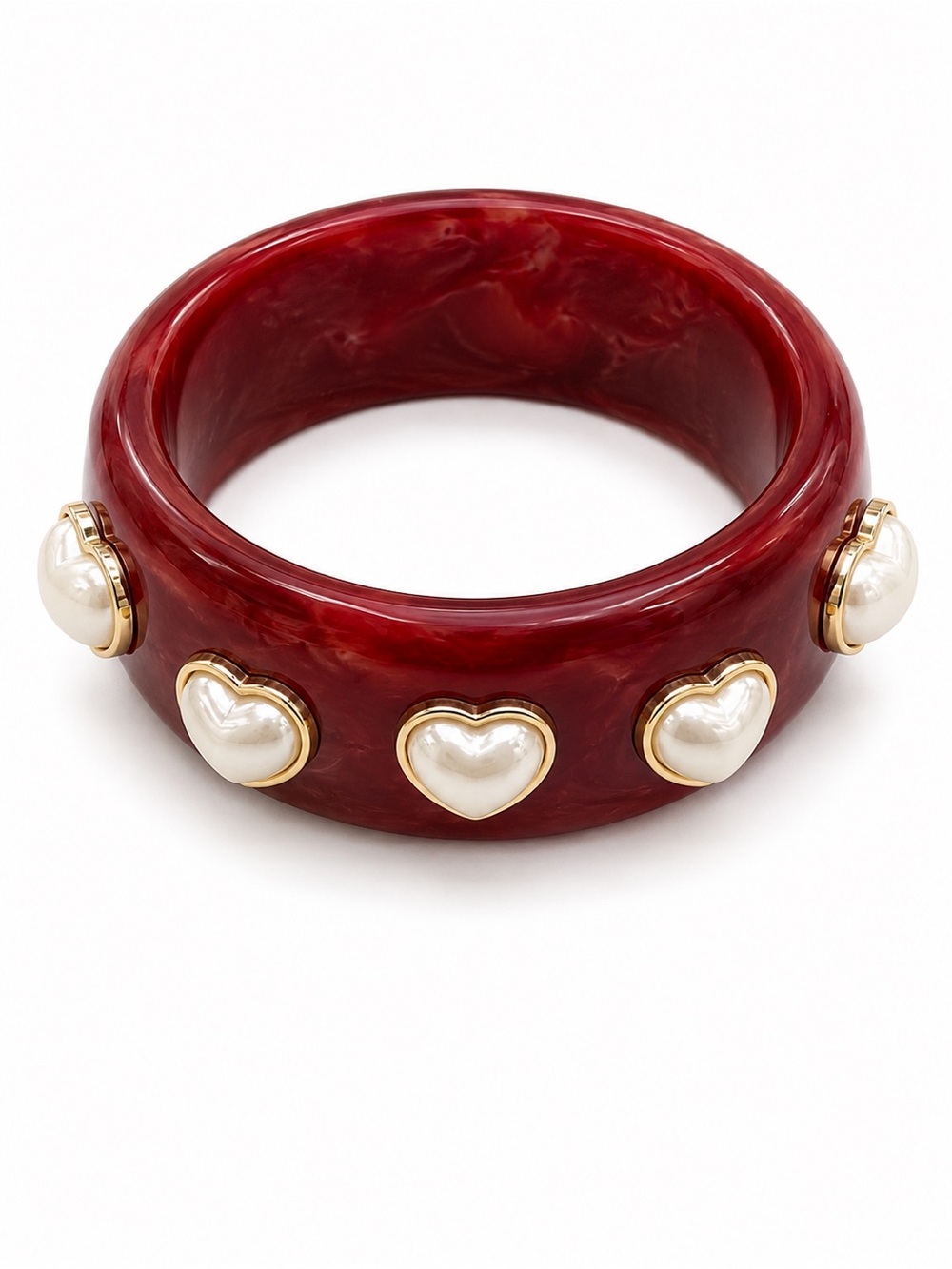 NWT Burgundy‎ Marbled Resin Bangle Bracelet with Faux Pearl Hearts